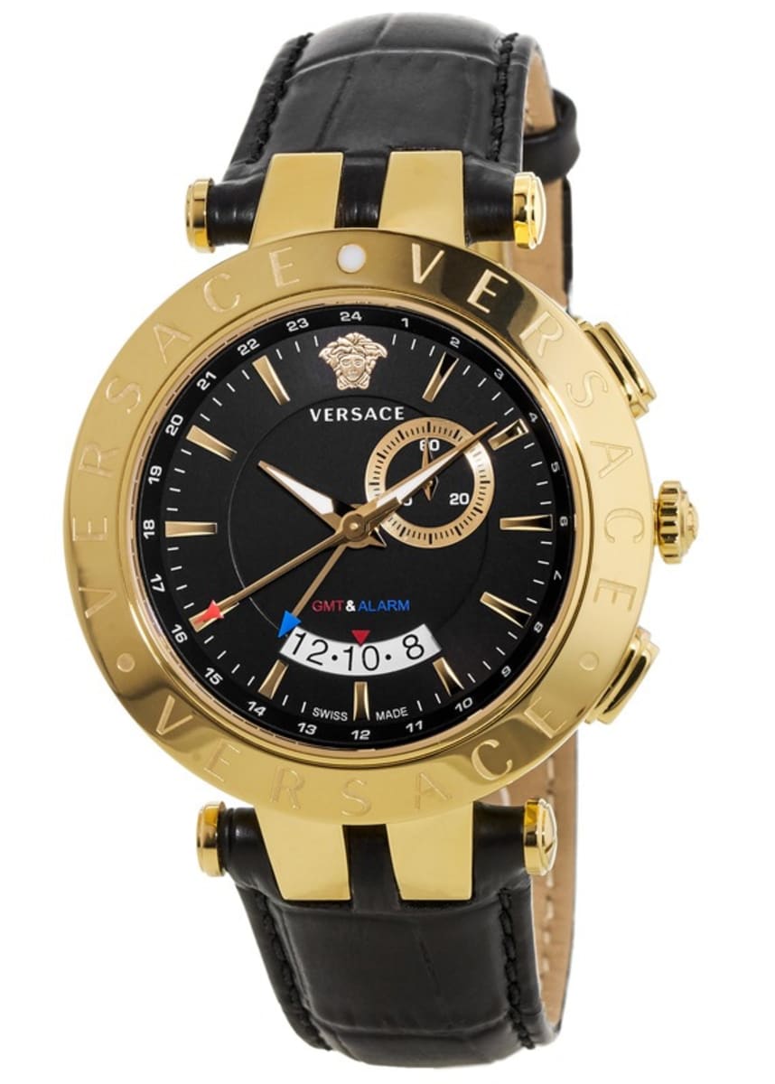 Versace V-Race GMT Alarm Gold Bezel Black Dial Men's Watch