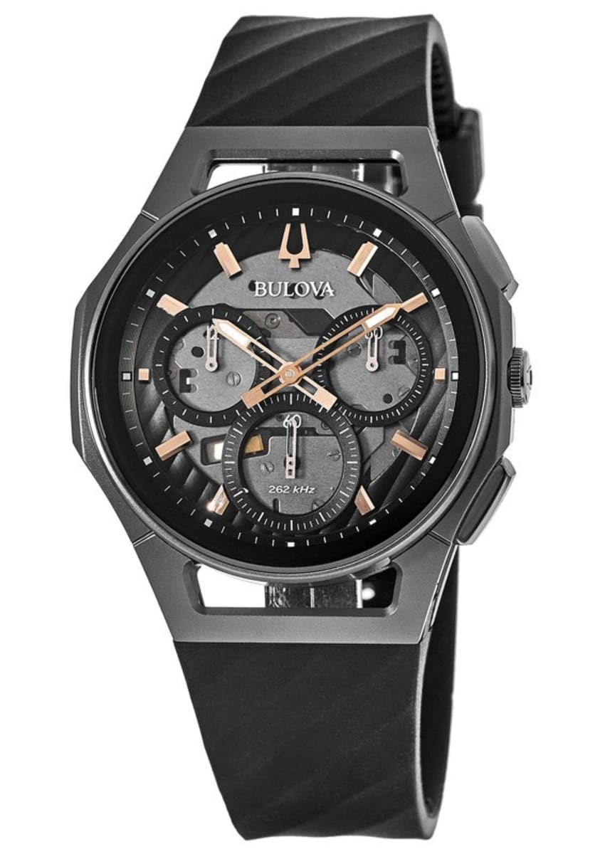 Bulova Curv Chronograph Dark Dial Strap Grey Black Men\'s 98A162 Rubber Watch