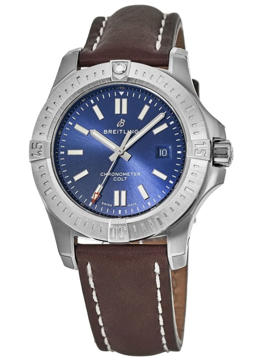 blue watch with brown leather strap