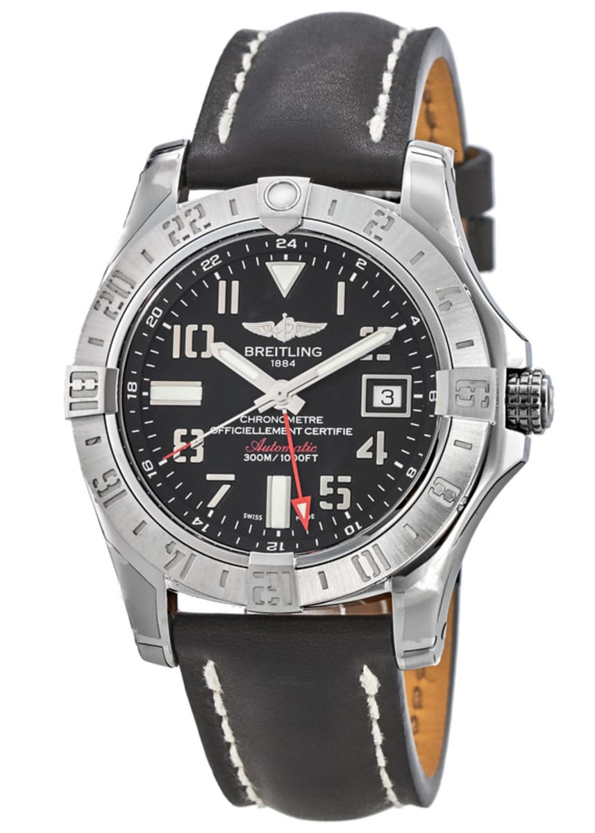 Breitling Avenger Avenger II GMT Black Dial Black Leather Strap Men's ...