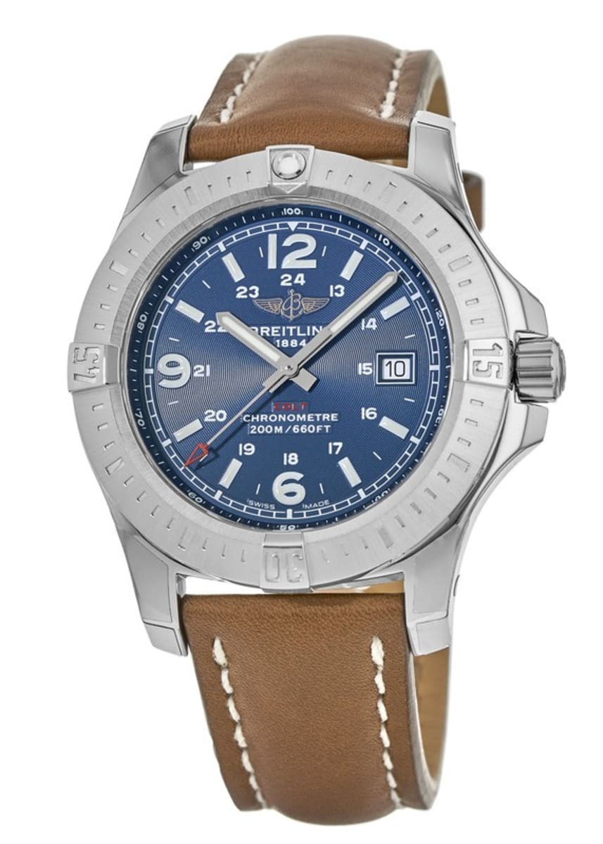 Breitling Colt 44 Quartz Blue Dial Brown Leather Strap Men's Watch 