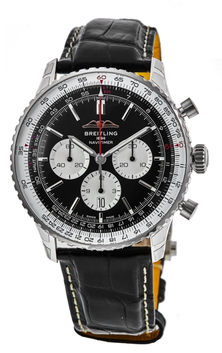 Breitling Navitimer B01 Chronograph 46 Black Dial Black Leather Strap Watch, AB0137211B1P1