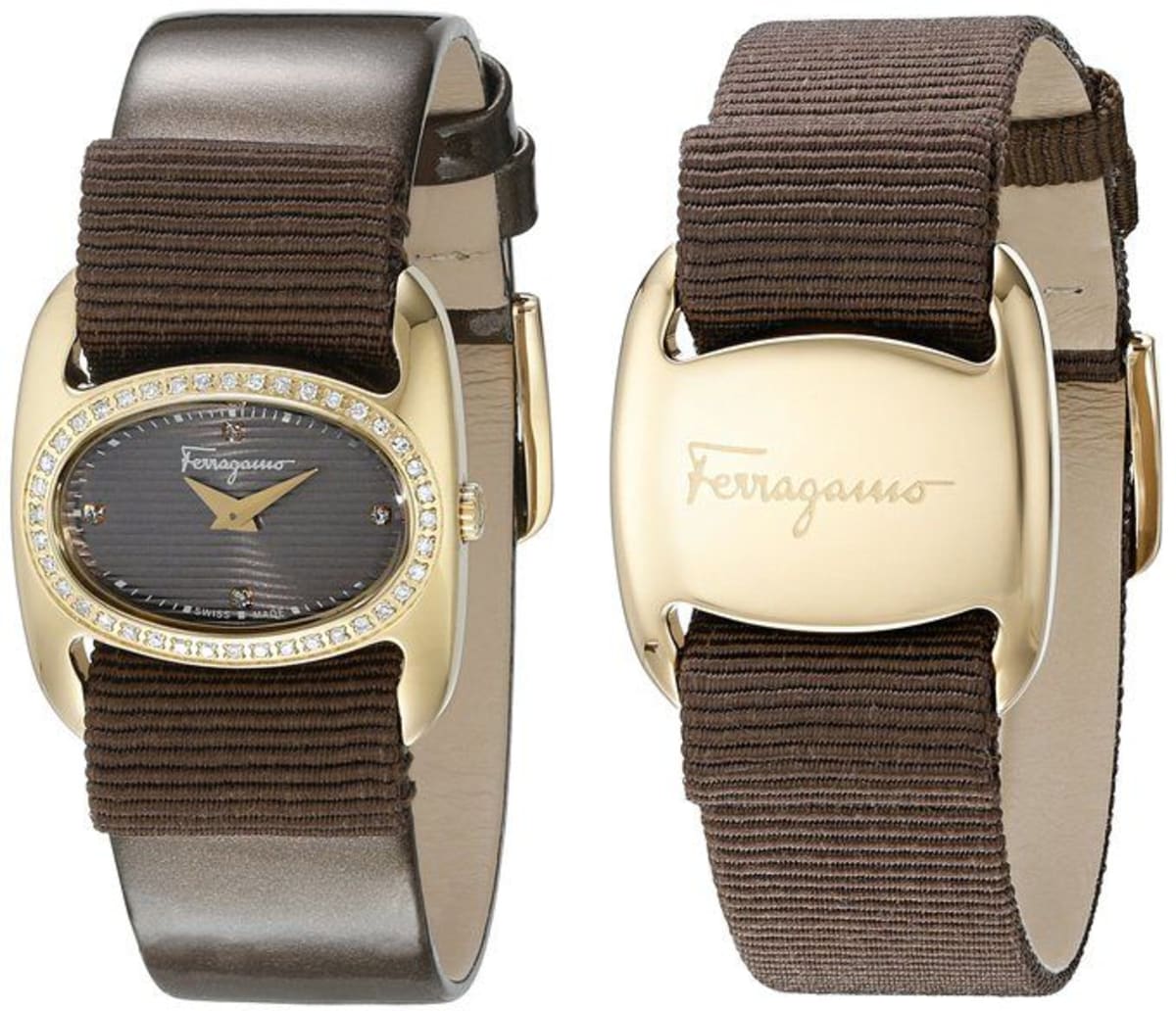 Salvatore Ferragamo Varina Gold Tone Brown Dial Brown Leather Grosgrain Strap Women s Watch FIE050015