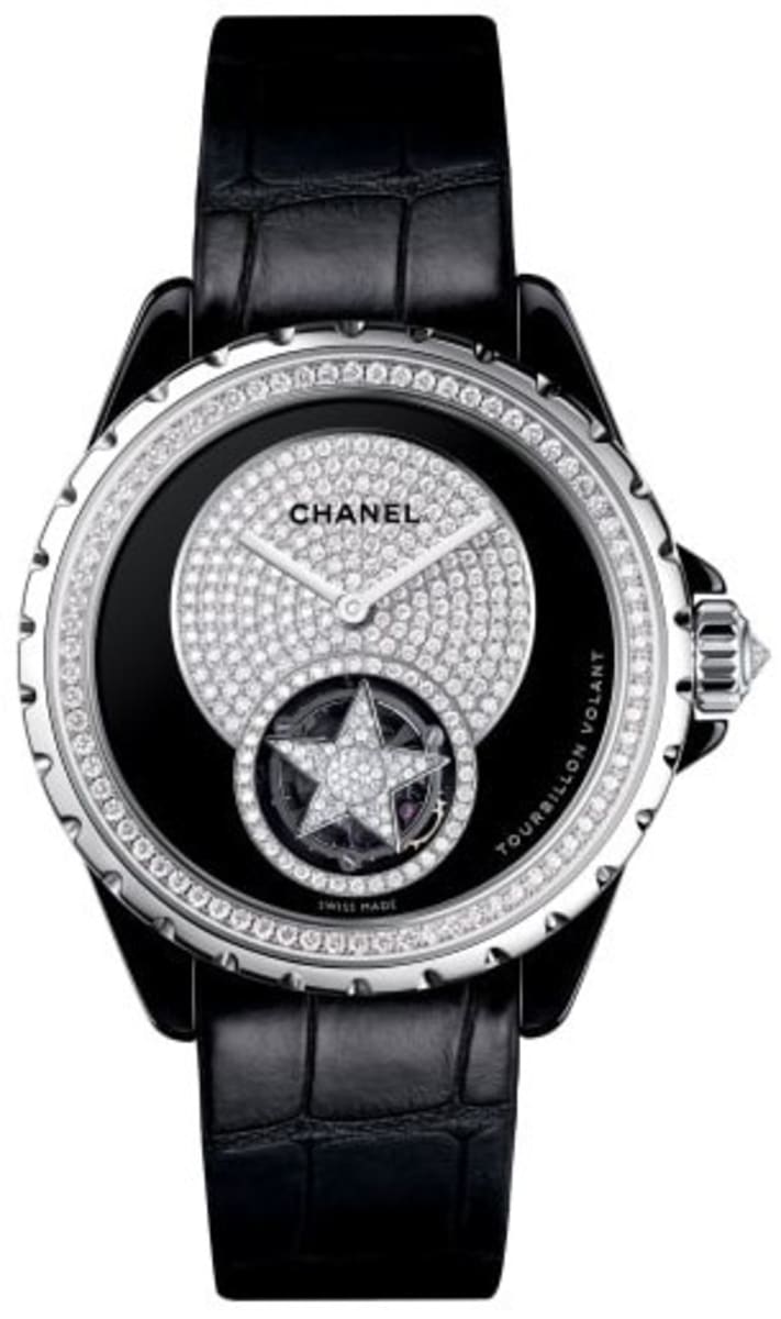 Chanel J12 Flying Tourbillon Black Onyx Dial Black Leather Strap Women's Watch H3844