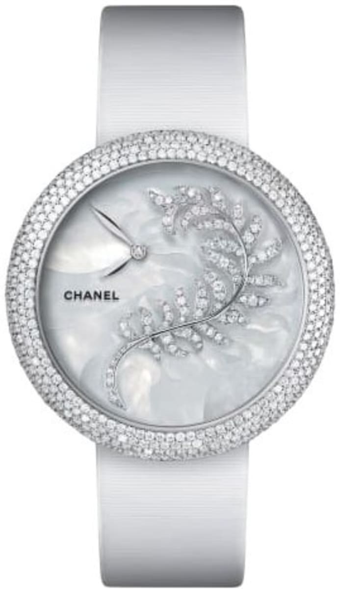 Chanel Mademoiselle Prive Mother of Pearl Dial Diamond White Satin Strap  Women's Watch H4587