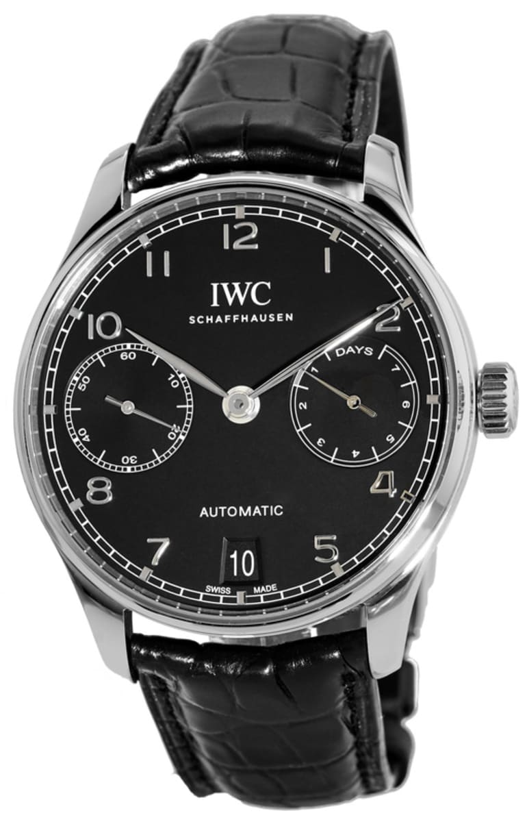 IWC Portugieser Automatic 7 Day Power Reserve Black Dial Leather Strap  Men's Watch IW500703