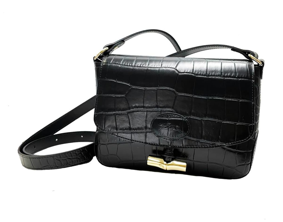 Longchamp Vintage Roseau Black Leather Shoulder Crossbody Bag Silver Toggle