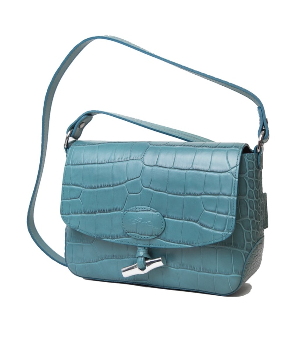 Longchamp Roseau Sac porté Travers Jade Croc-Embossed Leather Women's Crossbody Bag L2079924323