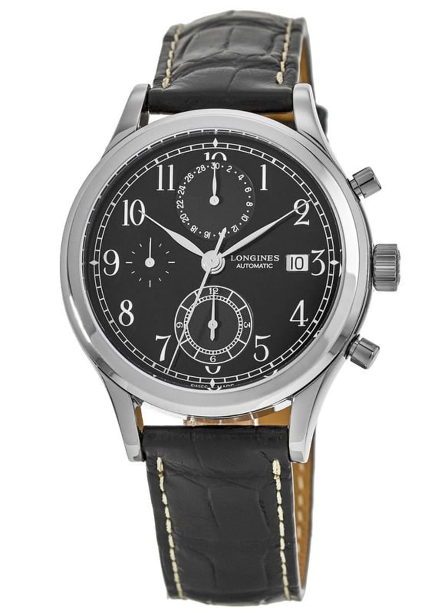 Longines Heritage Classic Chrono Black Dial Black Leather Men's