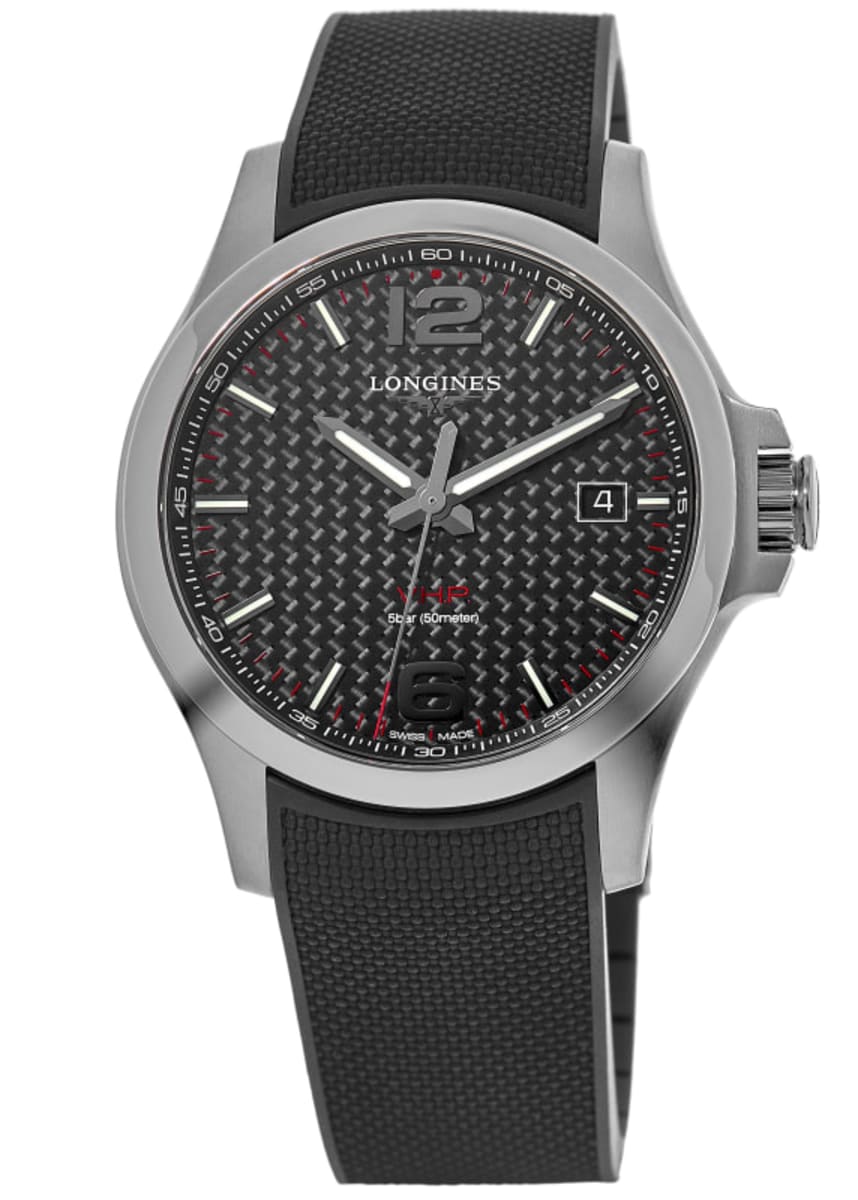 Longines Conquest V.H.P. Black Carbon Dial Rubber Strap Men's