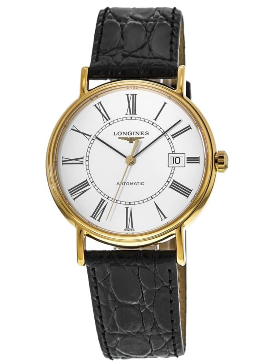 Longines Presence Automatic Gold Plated White Dial Leather Strap Men's ...