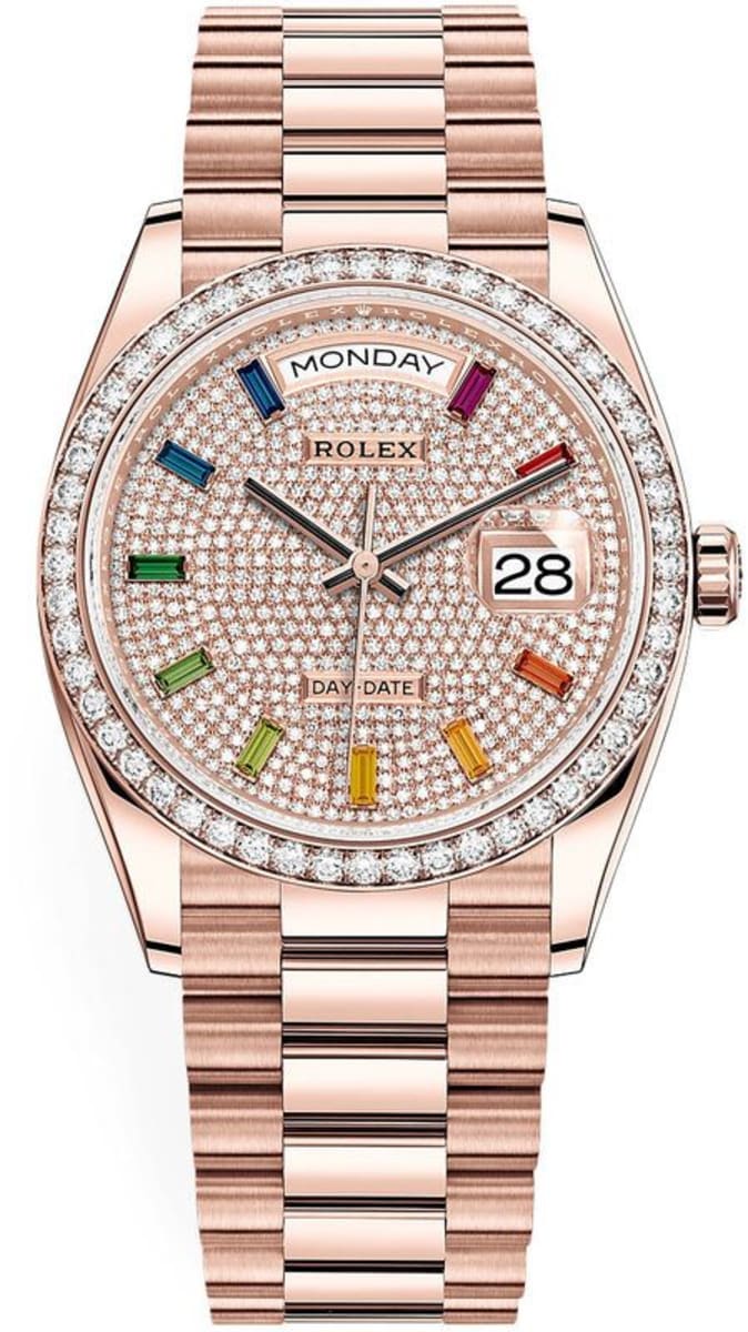 Rolex Day-Date Rose Gold Diamond-Paved Gemstone Dial Diamond Bezel Women's  Watch M128345RBR-0042