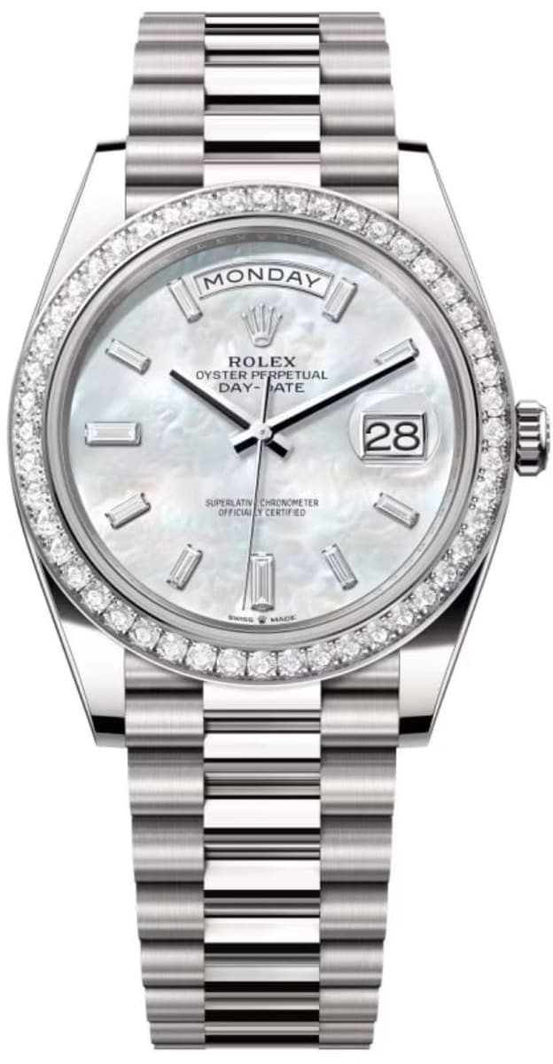 Rolex Day-Date 40 Automatic Diamond Dial Mother of Pearl White Gold Men ...