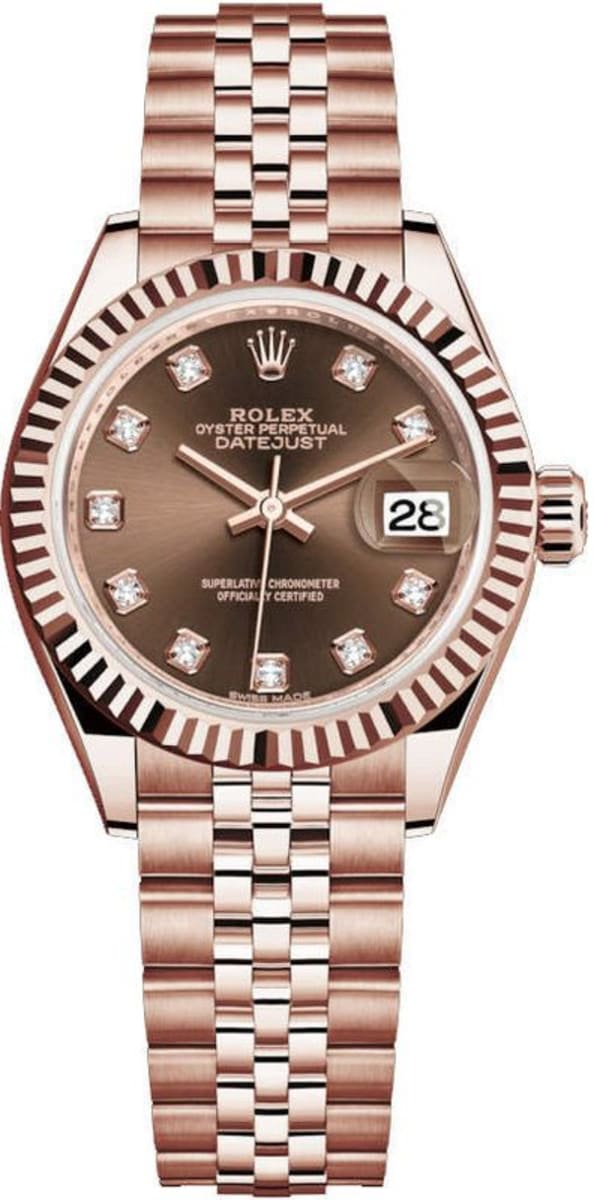 Rolex Everose Gold Lady-Datejust 28 Watch - Fluted Bezel - Olive