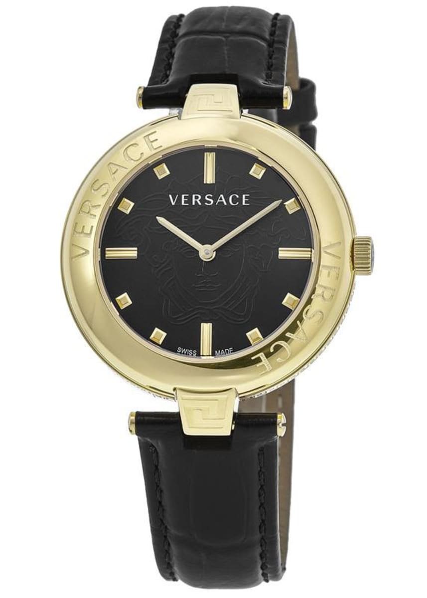 Versace New Lady Gold Plated Black Dial Leather Strap Women's Watch ...