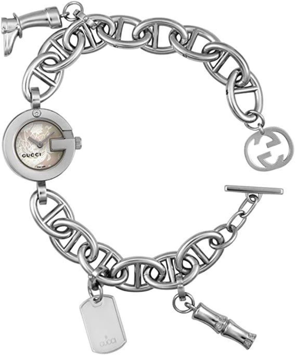 Gucci 107 G Mother of Pearl Dial Charm Bracelet Women's Watch YA107508