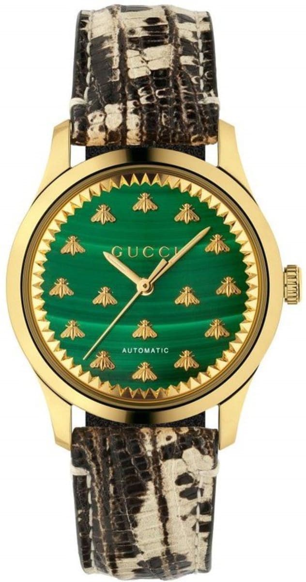 Gucci G-Timeless Green Dial Yellow Gold Brown Leather Strap - Main Image