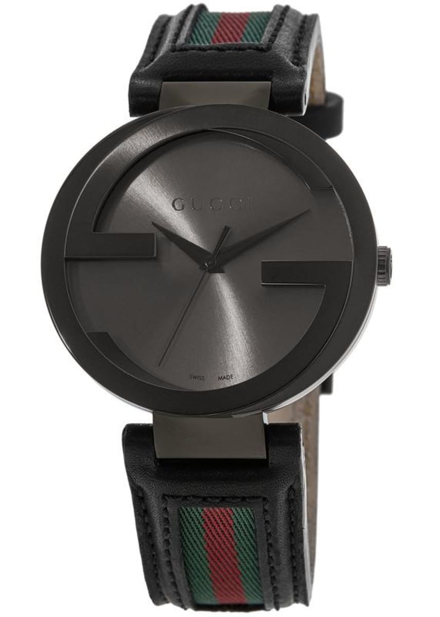 Gucci Interlocking G 42mm Black PVD Leather Strap Men's Watch YA133206