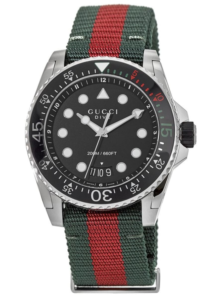 Gucci Dive Black Dial Green and Red Nylon Fabric Strap Men's Watch YA136209A