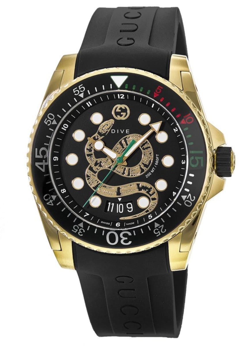 Gucci Dive Gold Tone Black Dial Rubber Strap Men's Watch