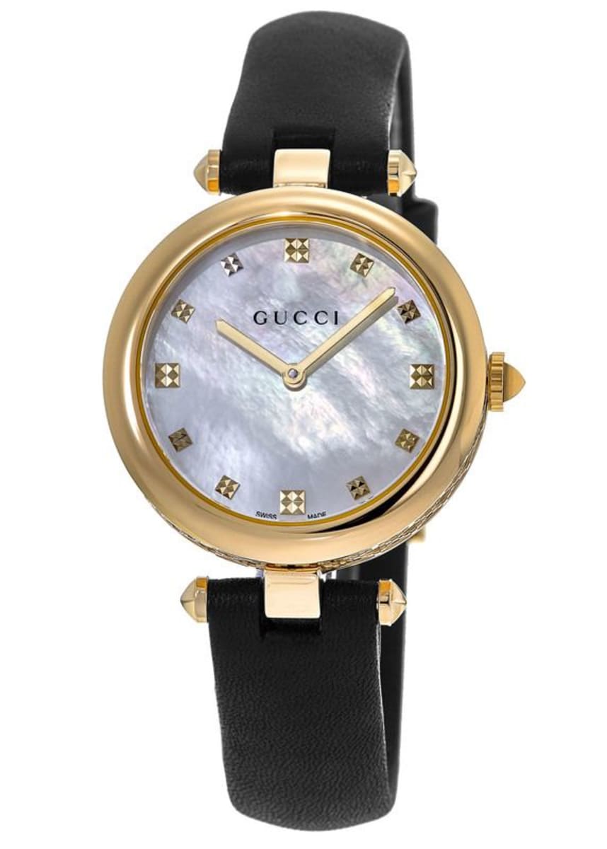 Gucci Diamantissima Gold Tone Diamond Pearl Dial Leather Strap Women's ...