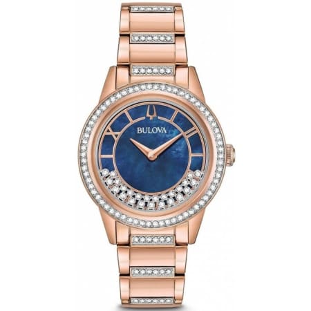 Bulova Crystal Blue Mother of Pearl Dial Rose Gold Tone Stainless Steel ...