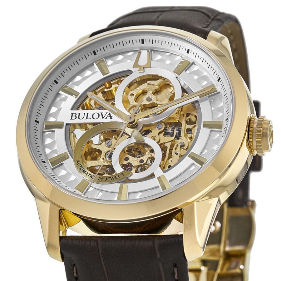 Bulova Classic White Skeleton Dial Brown Leather Strap Men's Watch 97A138