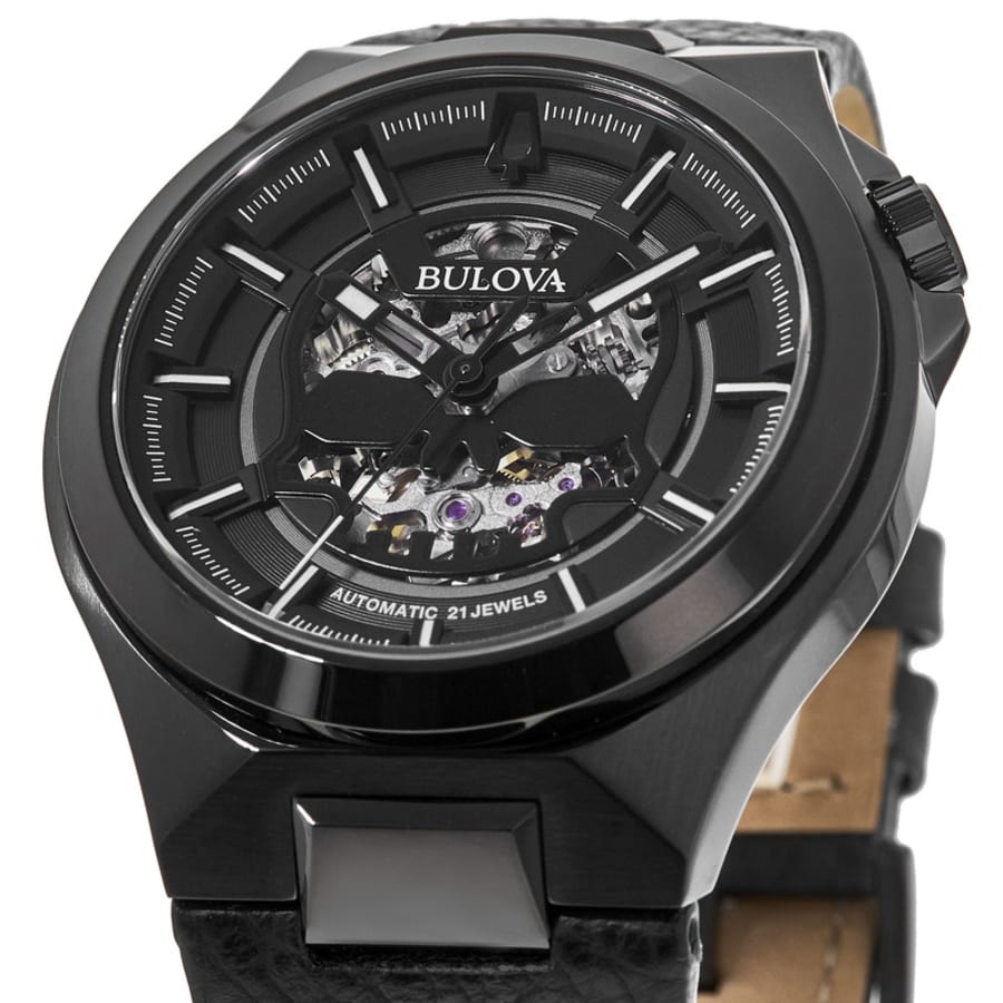 Bulova Maquina Automatic Black Skeleton Dial Black Leather Strap Men's