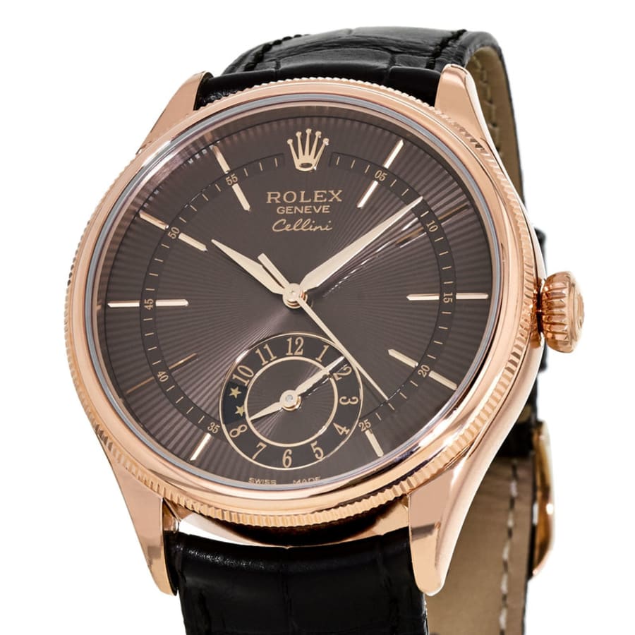 Rolex Cellini Dual Time 18k Rose Gold Brown Guilloche Dial Men's Watch ...