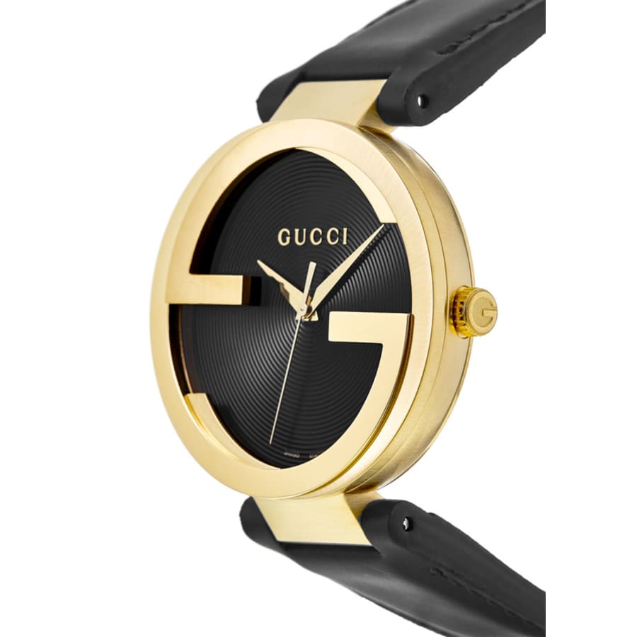 Gucci Interlocking G Gold Tone Black Dial Leather Strap Unisex Watch
