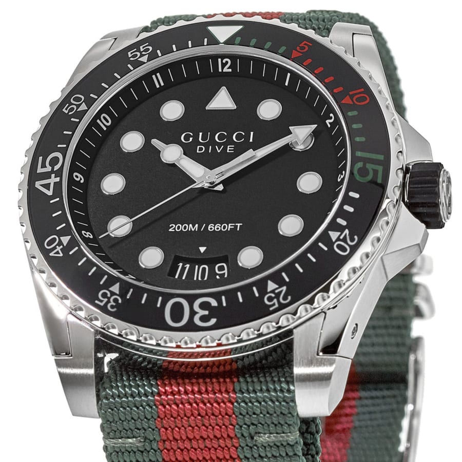 Gucci Dive Black Dial Green and Red Nylon Fabric Strap Men's Watch ...