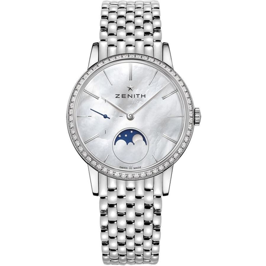 Zenith Elite Ultra Thin Lady Moonphase Mother of Pearl Diamond-Set  Stainless Steel Women's Watch 16.2320.692/80.M2320