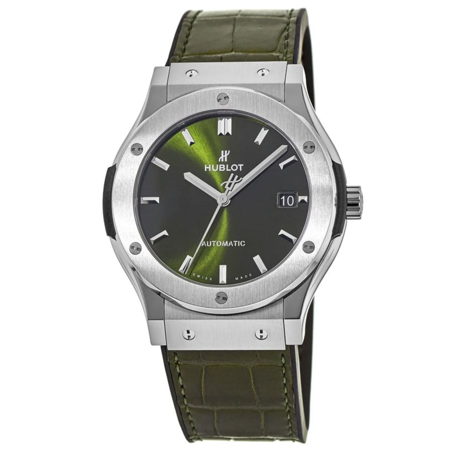 Hublot Classic Fusion 42mm Green Dial Titanium Leather Strap Men's 