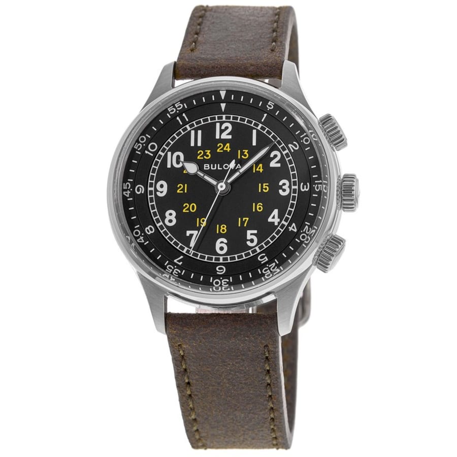 Bulova A-15 Pilot Black Dial Brown Leather Strap Men\'s Watch 96A245