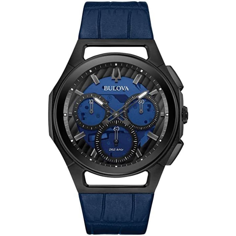 Bulova Curv Chronograph Blue Dial Blue Leather Strap Men's Watch 98A232