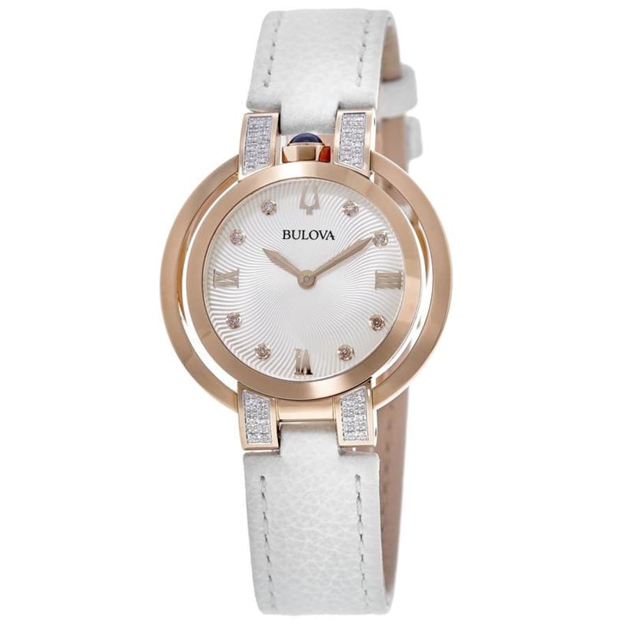 Bulova Rubaiyat Silver Dial White Leather Strap Women's Watch 98R243