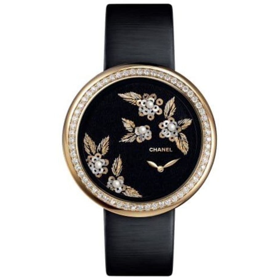 Chanel Mademoiselle Prive Black Dial Diamonds Black Satin Strap Women's  Watch H3821