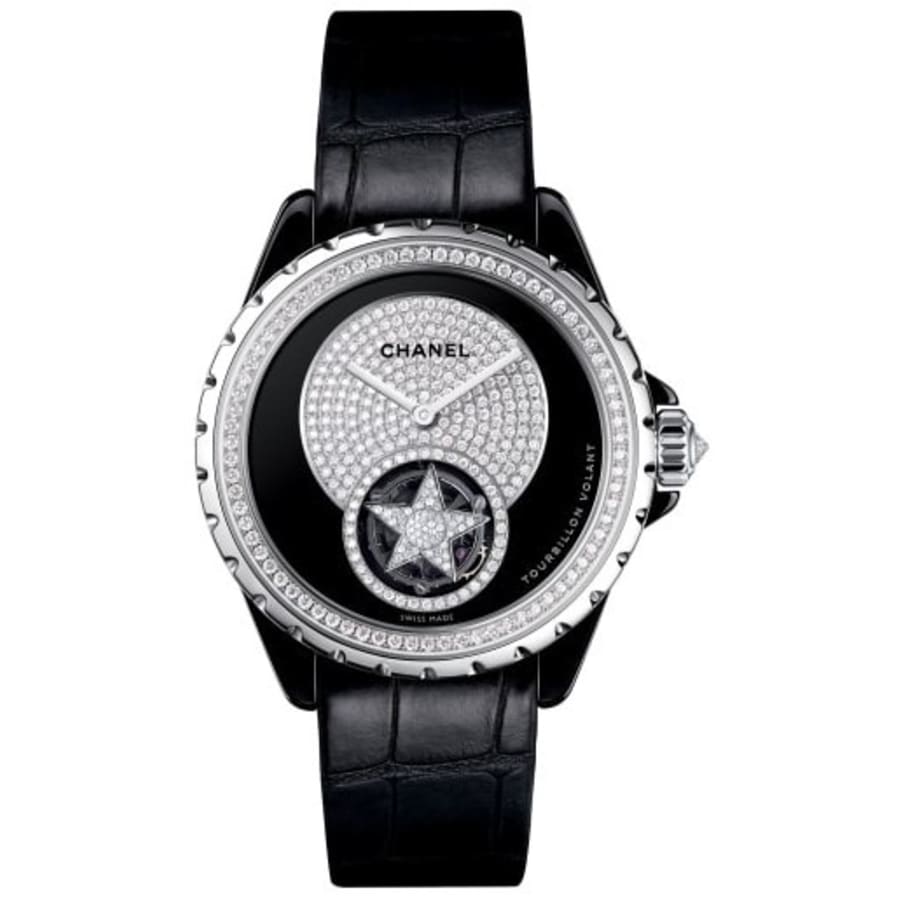 Chanel J12 Flying Tourbillon Black Onyx Dial Black Leather Strap Women's  Watch H3844