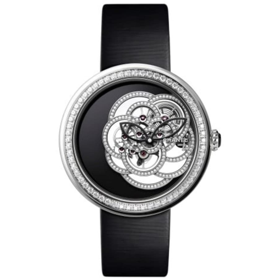 Chanel Mademoiselle Prive Camelia Skeleton Black Dial Diamond Black Satin  Strap Women's Watch H5471