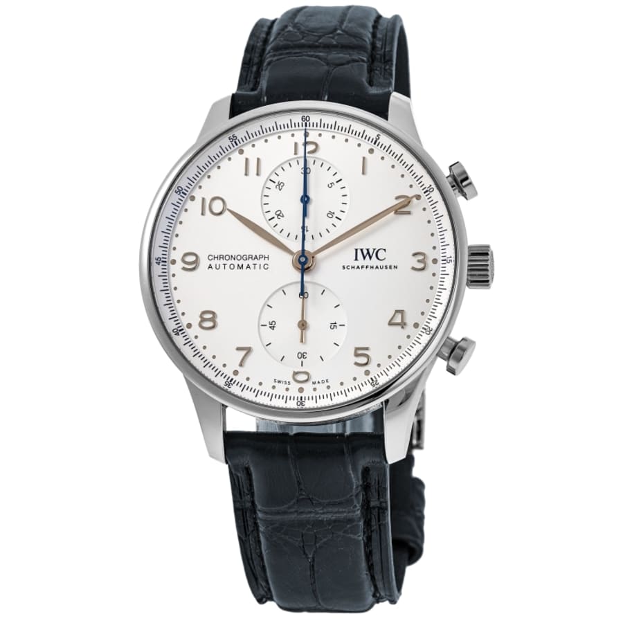 IWC Portugieser Automatic Chronograph Silver Dial Gold Markers Leather ...