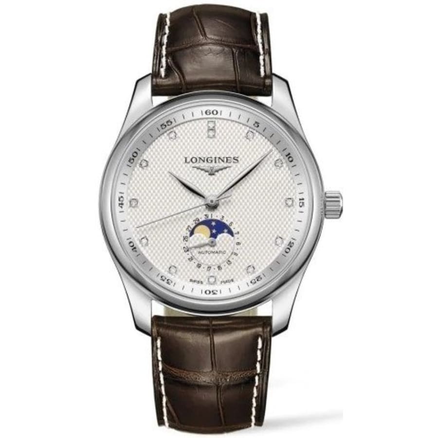 Longines Master Collection Moonphase Silver Dial Diamond Brown Leather ...