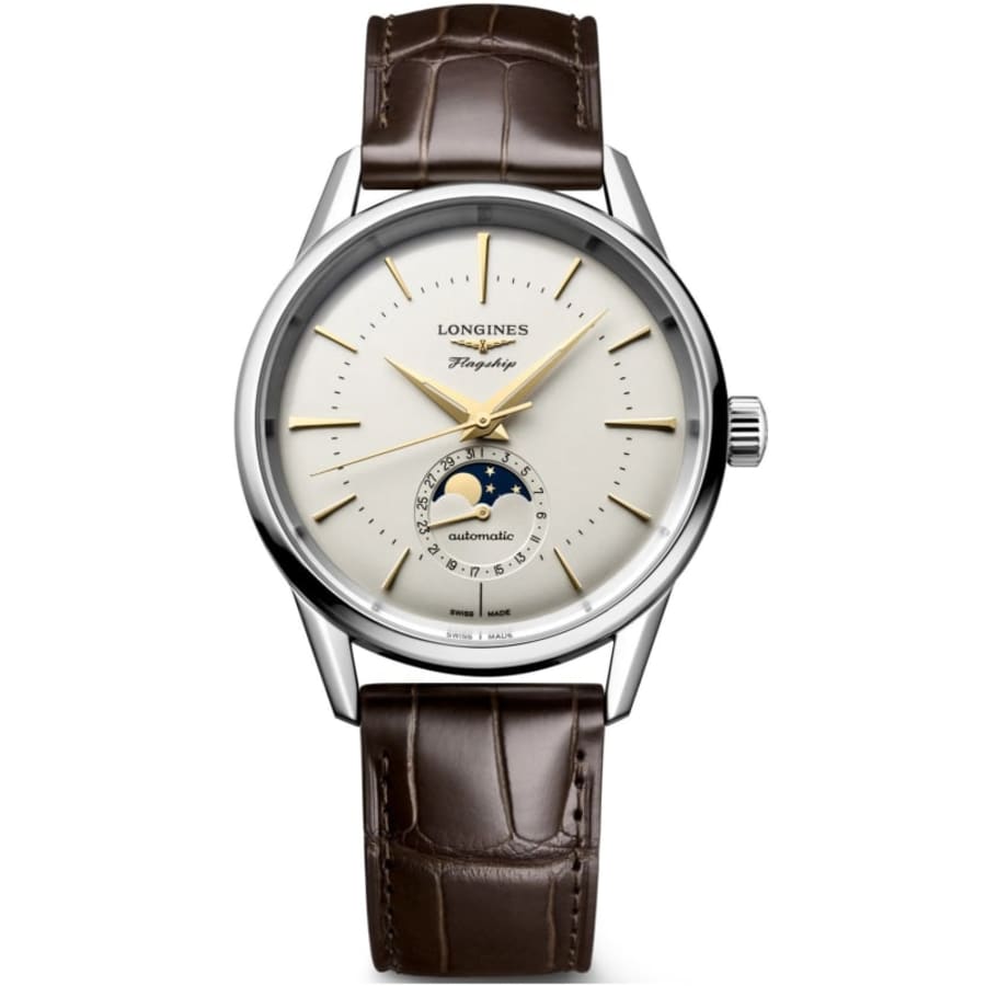 Longines Flagship Heritage Moonphase Silver Dial Leather Strap Men's ...