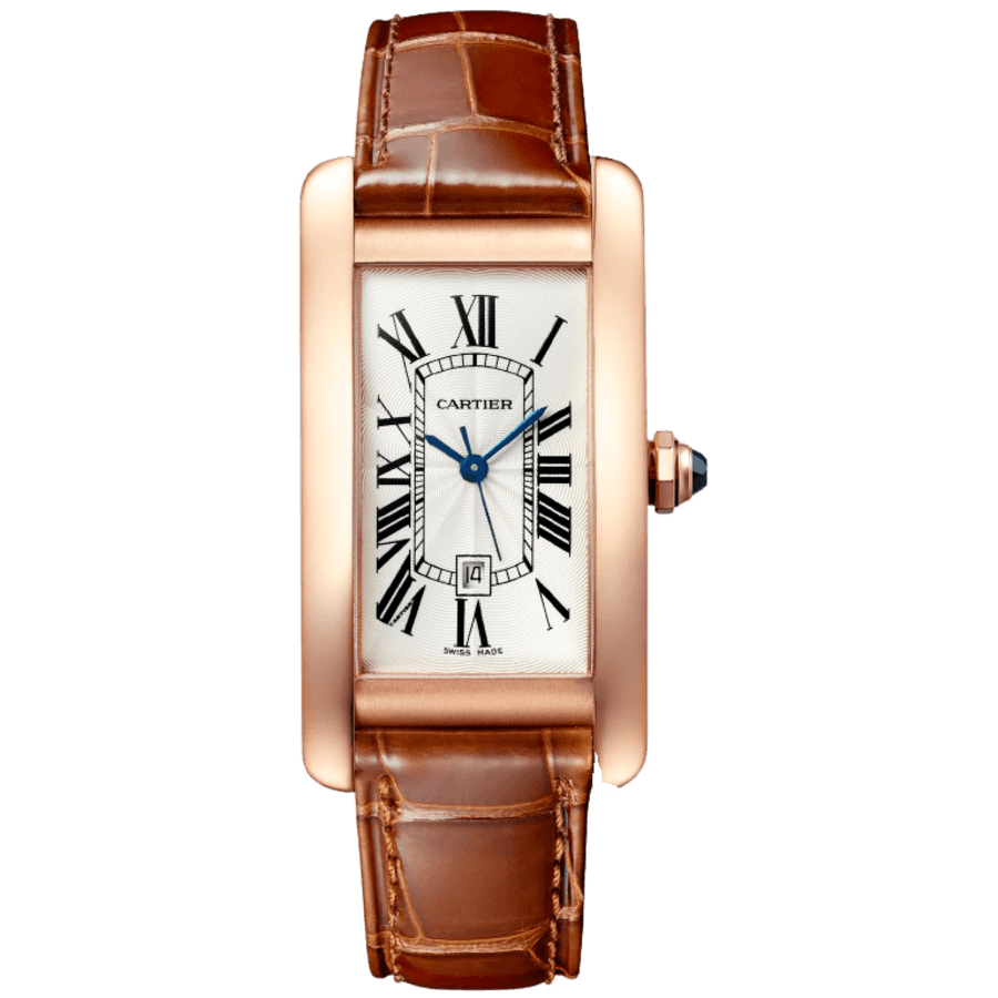 Cartier Tank Americaine Silver Dial Rose Gold Leather Strap Unisex Watch  WGTA0046