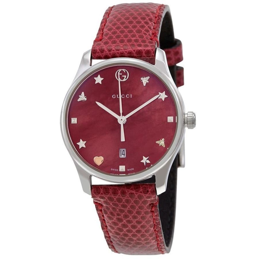 ★追跡便発送★GUCCI G-Timeless Ladies Watch YA126589 Gucci G-Timeless Red Mother of Pearl Dial Leather Strap