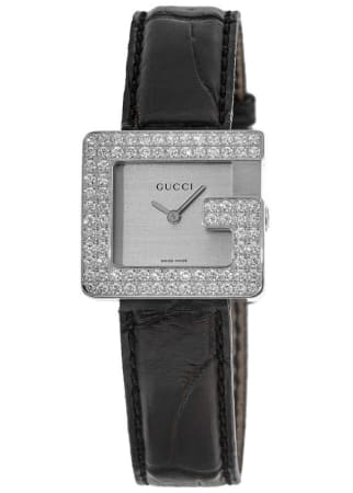 Gucci G-Frame  Quartz White Dial Diamond Bezel Black Leather Strap Women's Watch YA3600LS-SD