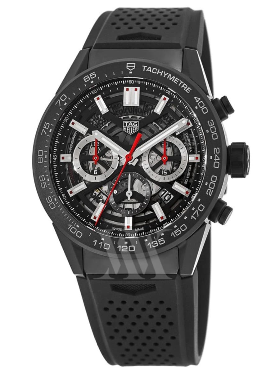 TAG Heuer Carrera Calibre Heuer 02 - Black Dial on Perforated Black Rubber  Strap 45mm Automatic Watch