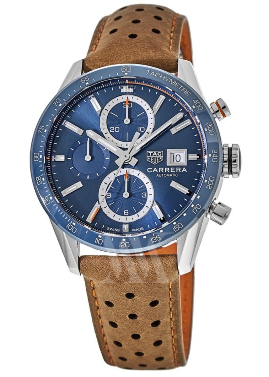 Tag Heuer Carrera Calibre 16 Chronograph Blue Dial Ceramic Bezel Leather  Strap Men's Watch 