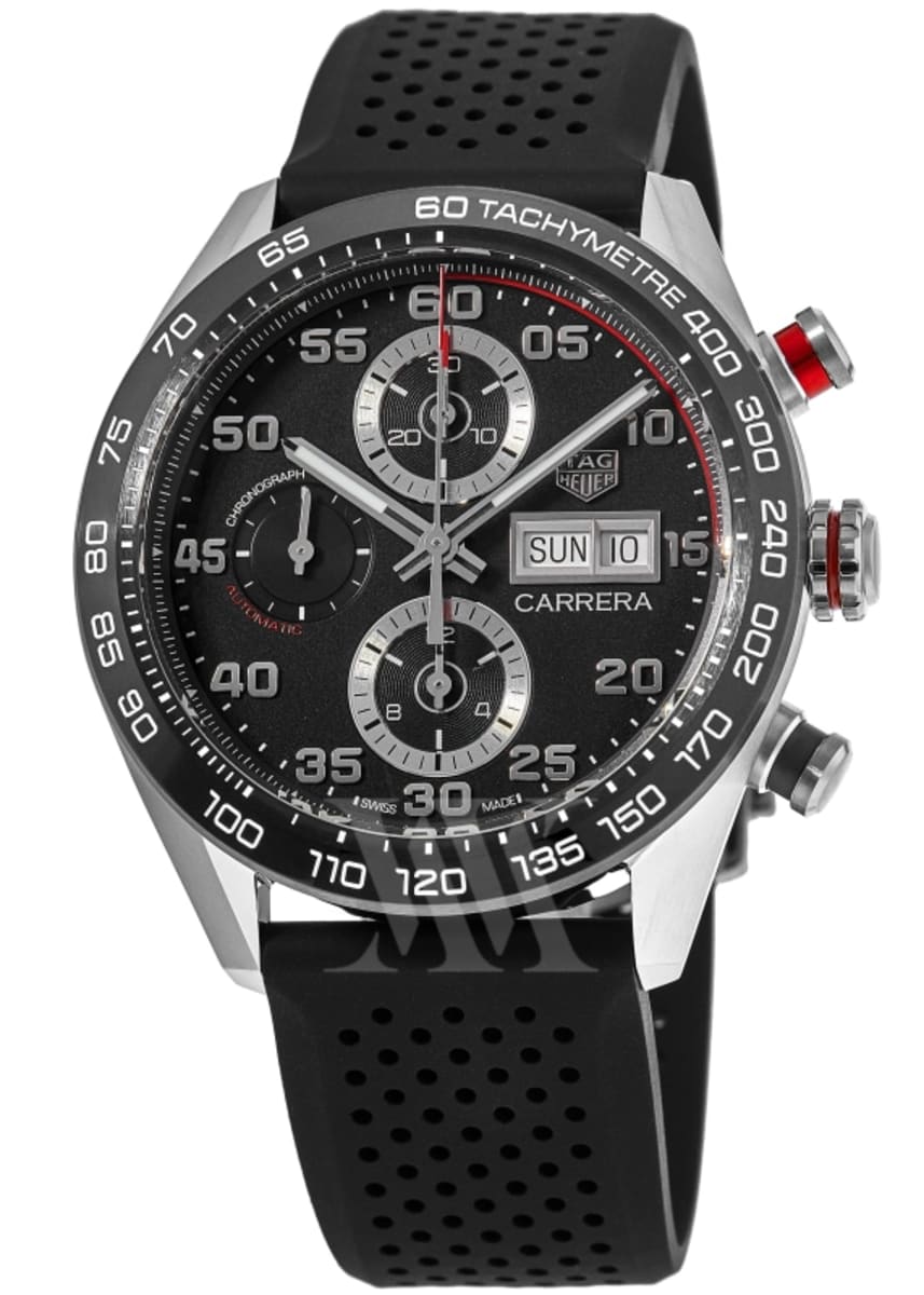 Tag Heuer Carrera Chronograph Day-Date Black Dial Rubber Strap Men's Watch  