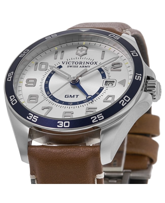 Victorinox Swiss Army Fieldforce GMT Classic Quartz Silver Dial Brown Leather Strap Men s Watch 241931