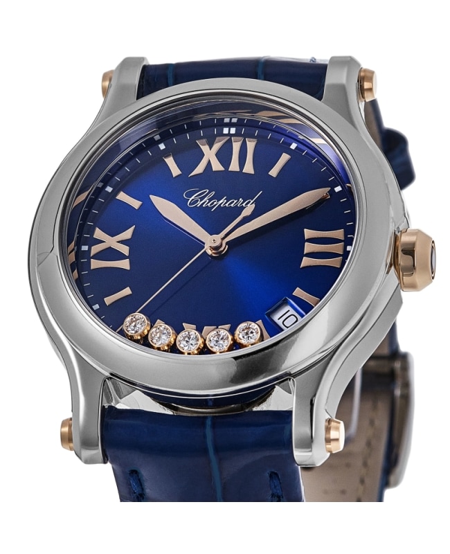 『3年保証』 36mm Round Sport Happy Chopard Blue Leather Dial Diamond 冷蔵庫・冷凍庫